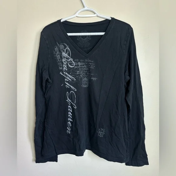 Ralph Lauren Black Graphic V-Neck Long Sleeve Tee Size XL Casual Y2K Boho Top - Picture 2 of 7